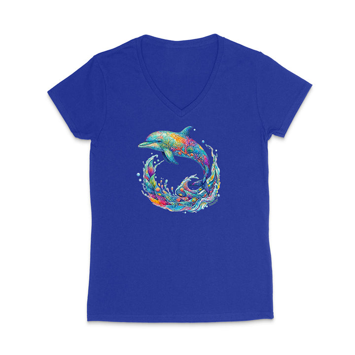 Blue t-shirt with a colorful dolphin graphic on a white background