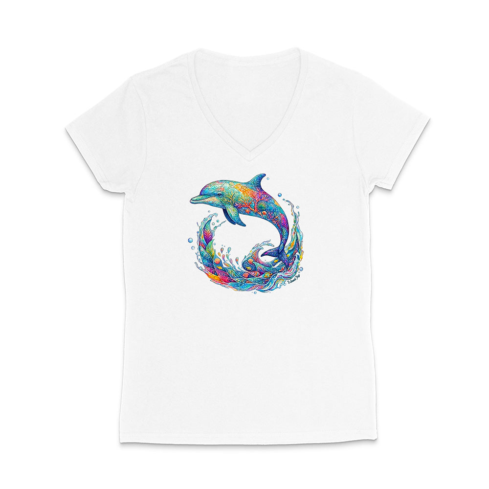 White t-shirt with a colorful dolphin design on a white background