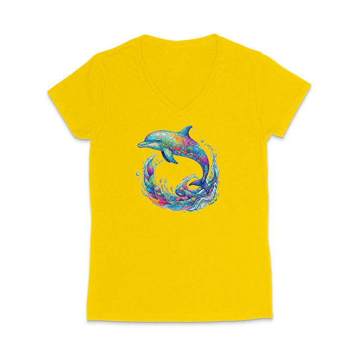 Yellow t-shirt with a colorful dolphin design on a white background