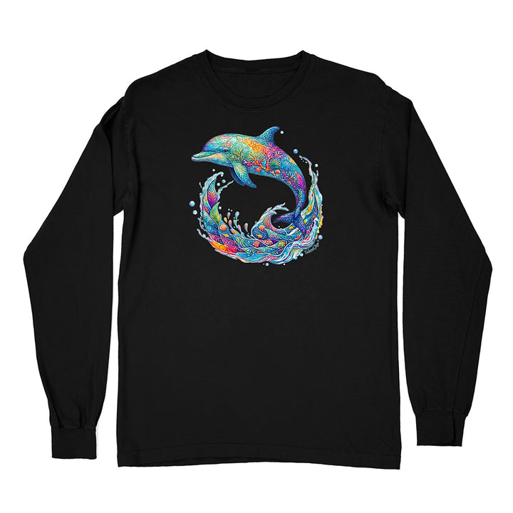 Black long-sleeve shirt with a colorful dolphin design on a white background