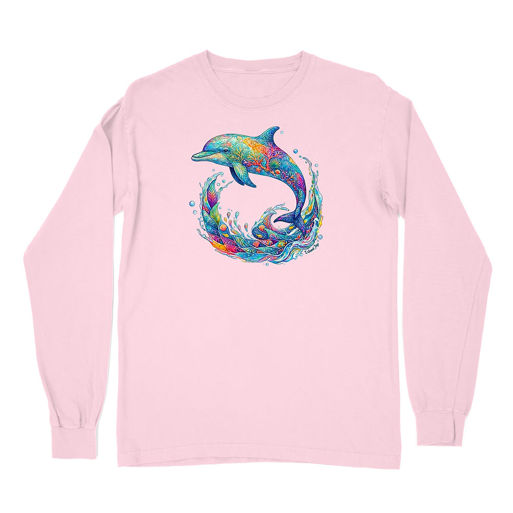Pink long-sleeve shirt with a colorful dolphin design on a white background