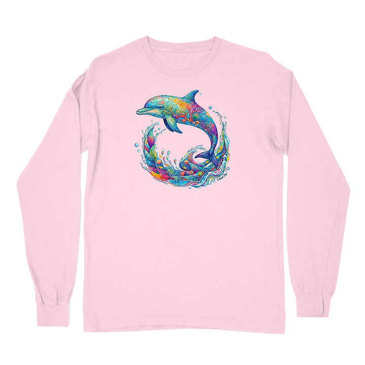 Pink long-sleeve shirt with a colorful dolphin design on a white background
