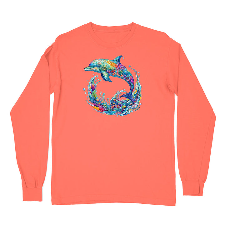 Coral long-sleeve shirt with a colorful dolphin design on a white background
