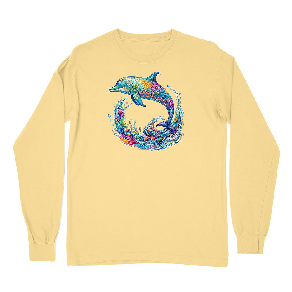 Yellow long-sleeve shirt with a colorful dolphin design on a white background