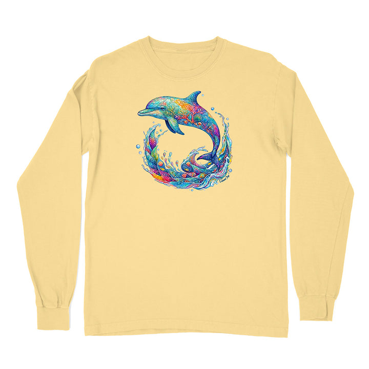 Yellow long-sleeve shirt with a colorful dolphin design on a white background