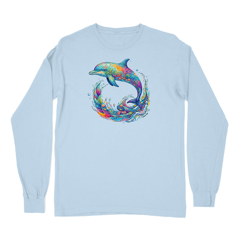 Light blue long-sleeve shirt with a colorful dolphin design on a white background