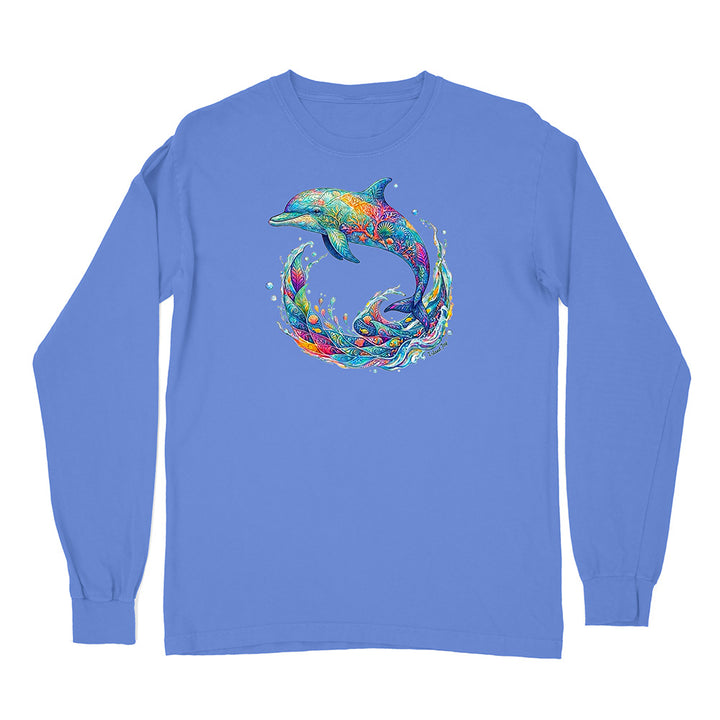 Blue long-sleeve shirt with a colorful dolphin design on a white background