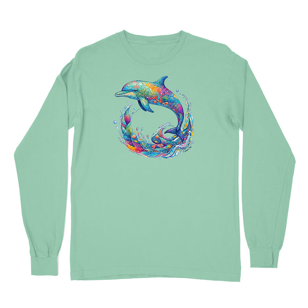 Mint green long-sleeve shirt with a colorful dolphin design on a white background