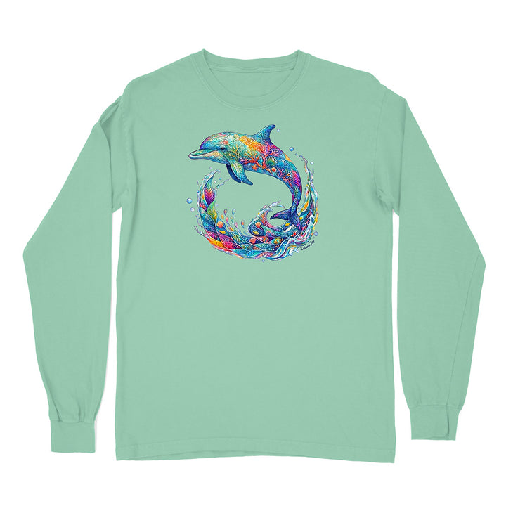 Mint green long-sleeve shirt with a colorful dolphin design on a white background