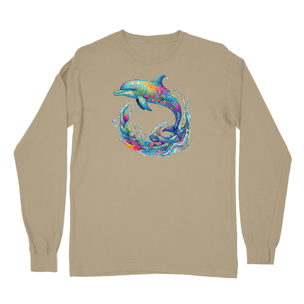 Beige long-sleeve shirt with a colorful dolphin design on a white background