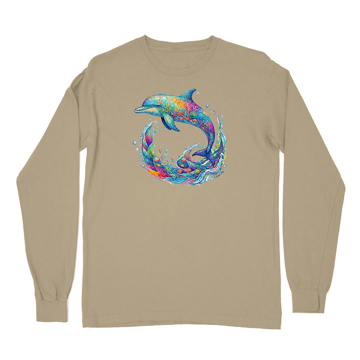 Beige long-sleeve shirt with a colorful dolphin design on a white background