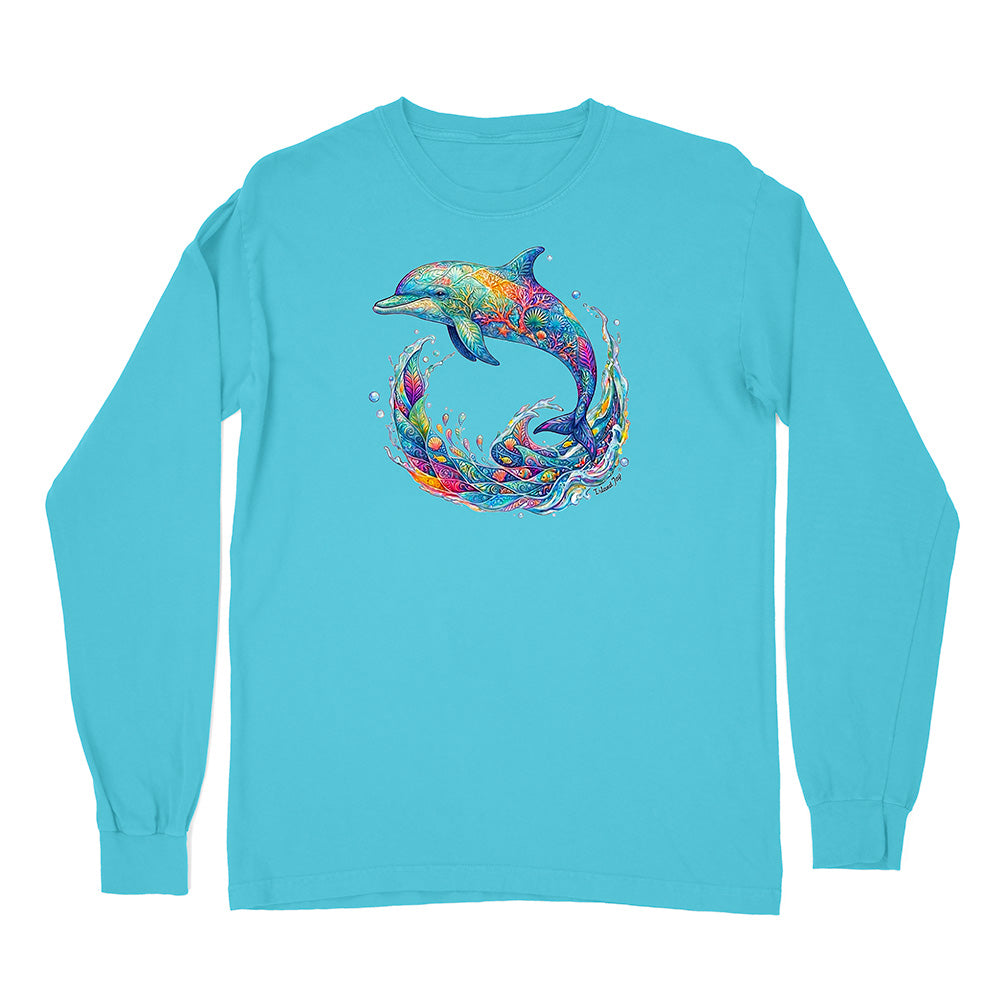 Turquoise long-sleeve shirt with a colorful dolphin design on a white background