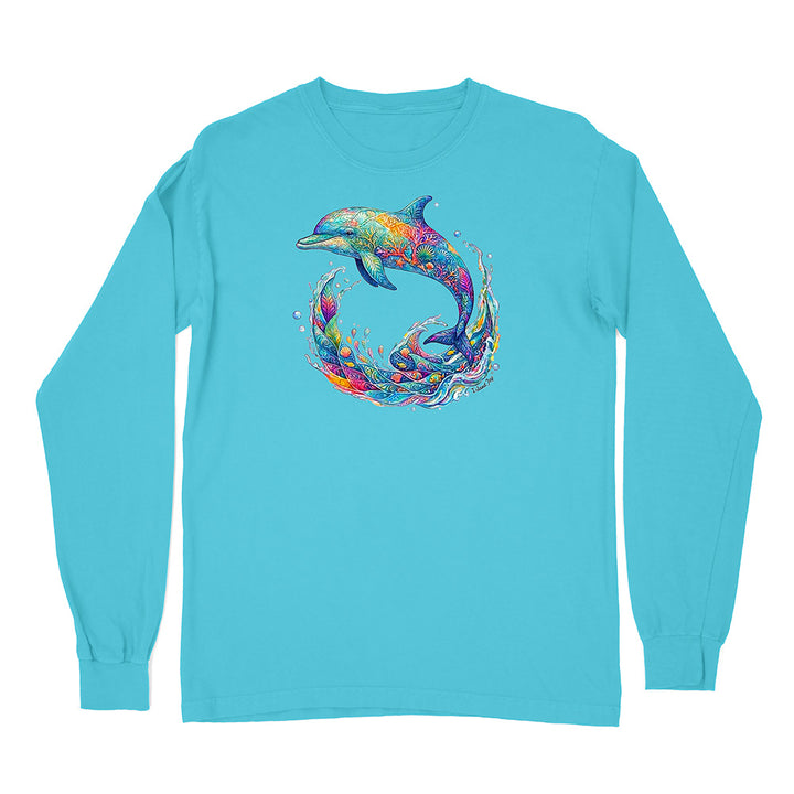 Turquoise long-sleeve shirt with a colorful dolphin design on a white background
