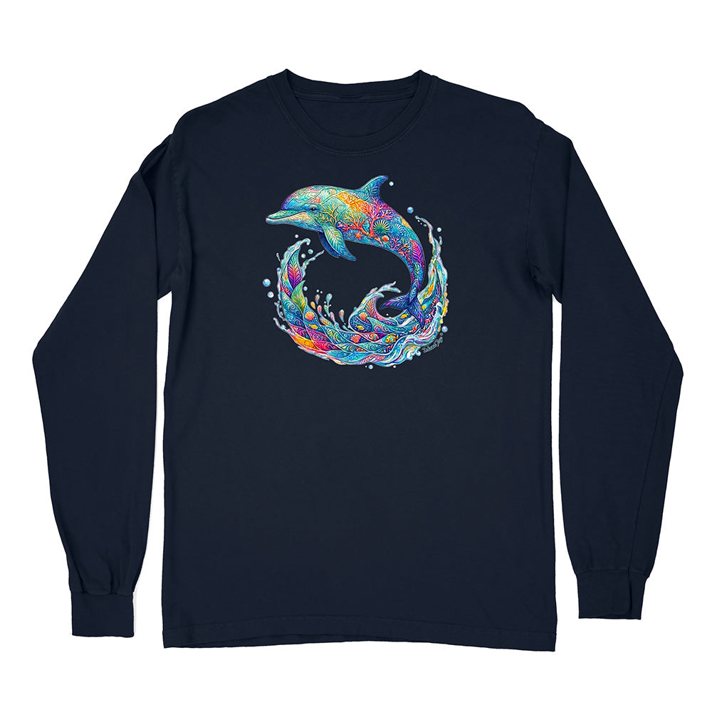 Black long-sleeve shirt with a colorful dolphin graphic on a white background