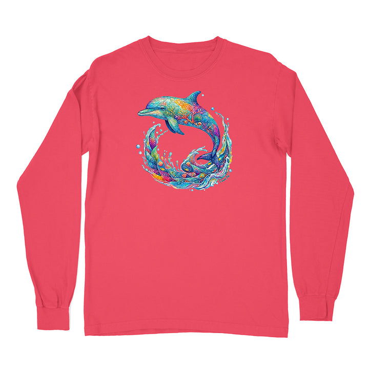 Red long-sleeve shirt with a colorful dolphin design on a white background