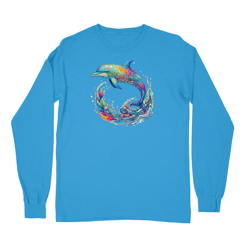 Blue long-sleeve shirt with a colorful dolphin design on a white background