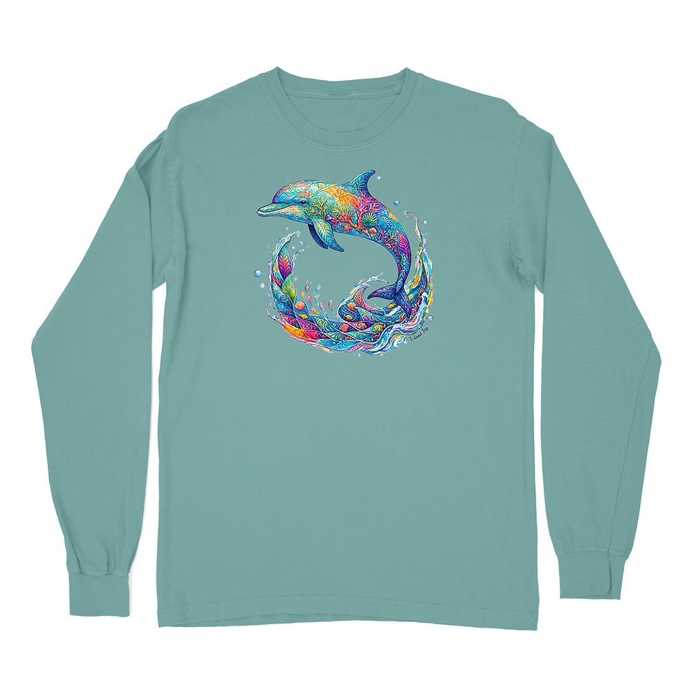 Teal long-sleeve shirt with a colorful dolphin design on a white background