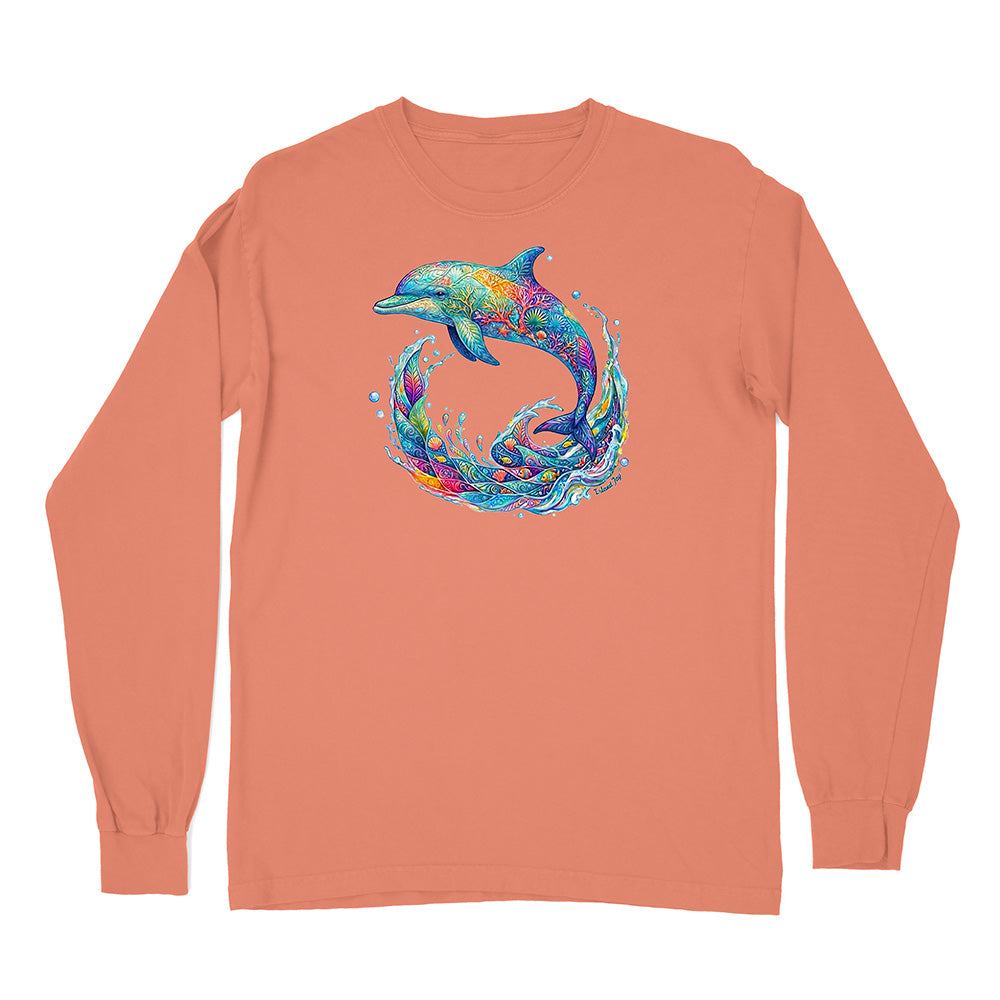 Long-sleeve shirt with a colorful dolphin design on a peach background