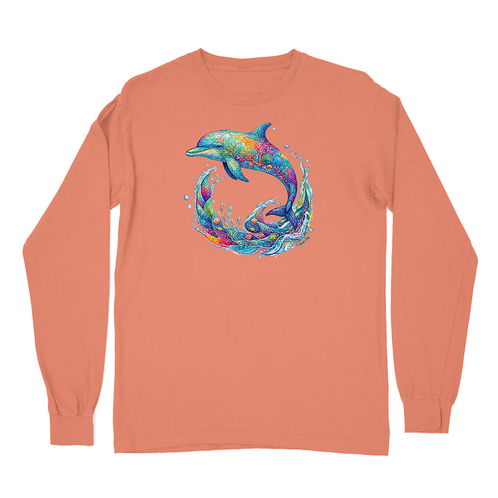 Long-sleeve shirt with a colorful dolphin design on a peach background