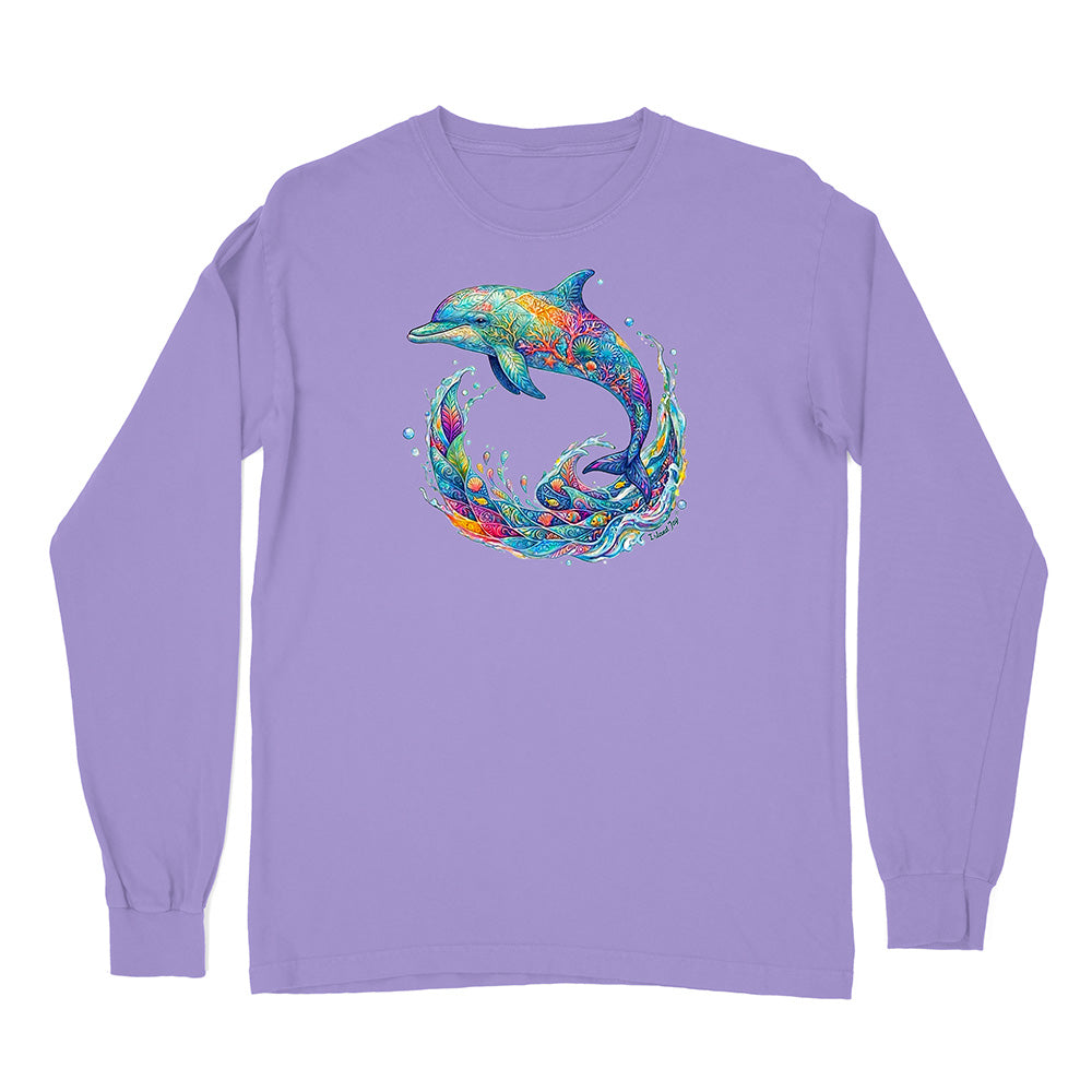 Purple long-sleeve shirt with a colorful dolphin design on a white background