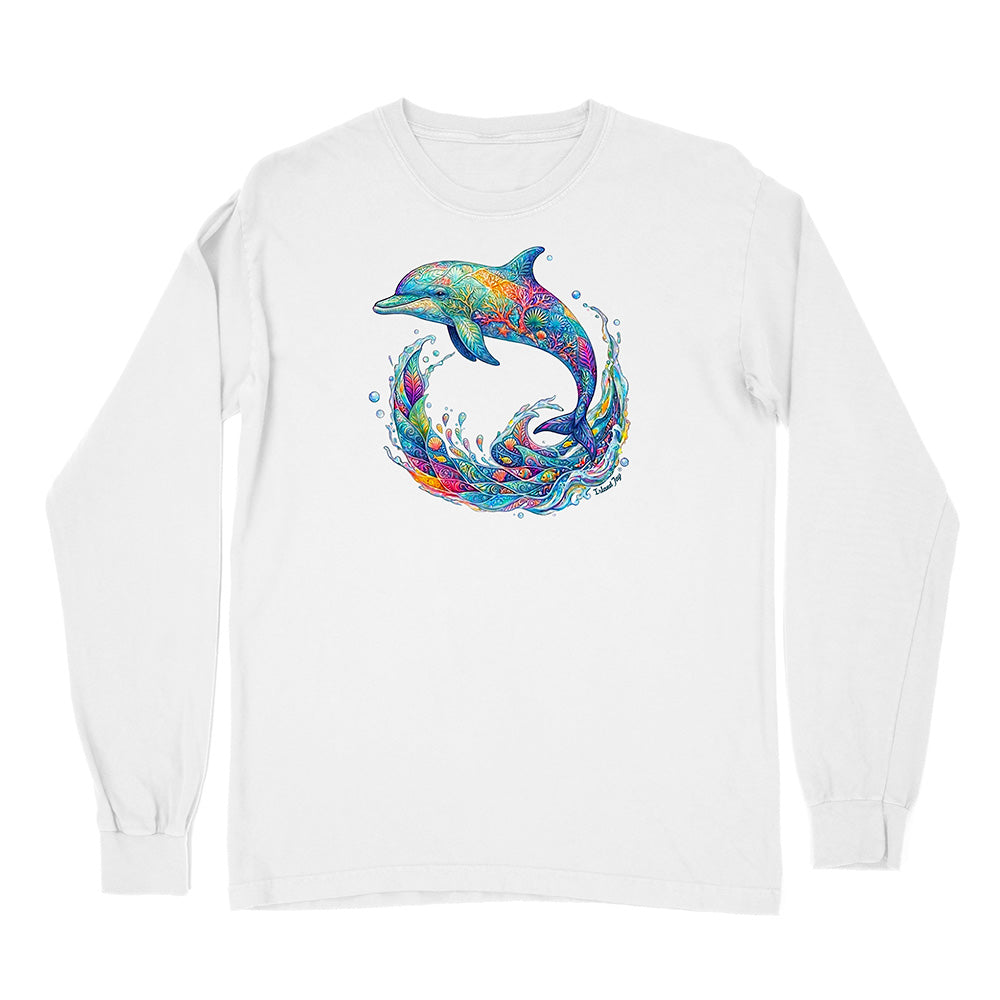 White long-sleeve shirt with a colorful dolphin design on a white background