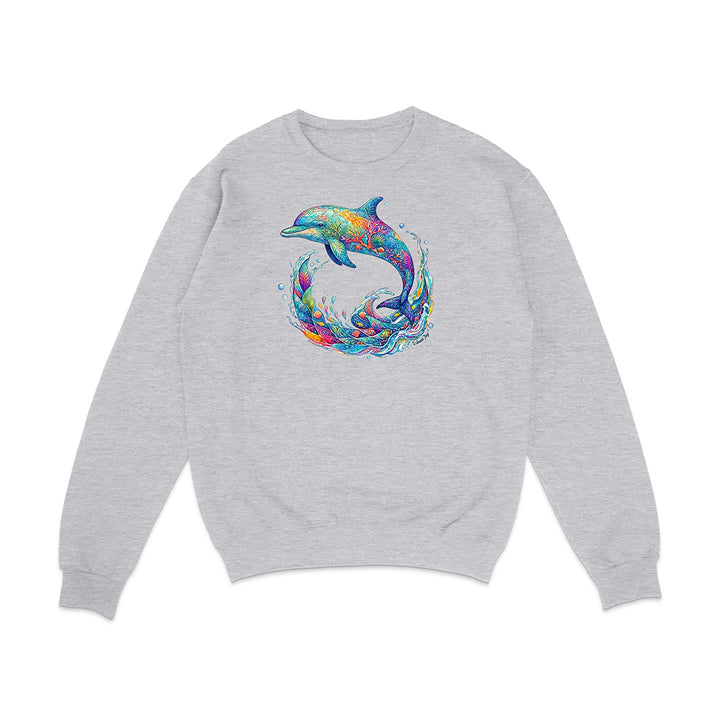 Gray sweatshirt with a colorful dolphin design on a white background