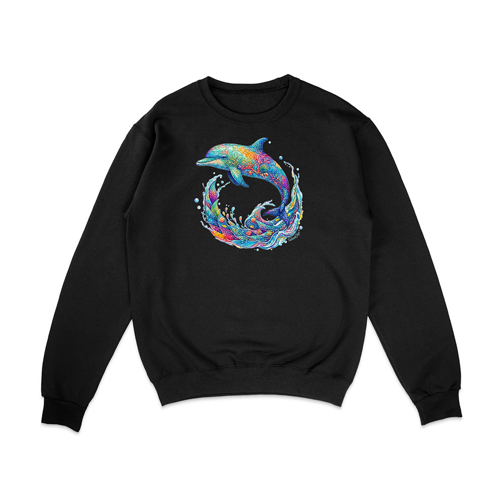 Black sweatshirt with a colorful dolphin design on a white background