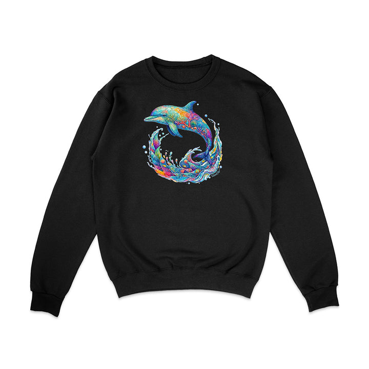 Black sweatshirt with a colorful dolphin design on a white background
