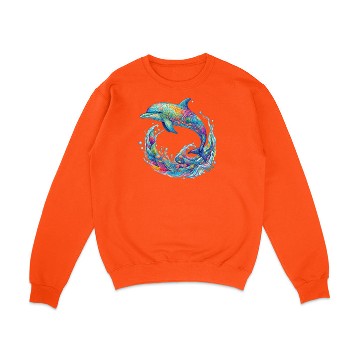Orange sweatshirt with a colorful dolphin design on a white background