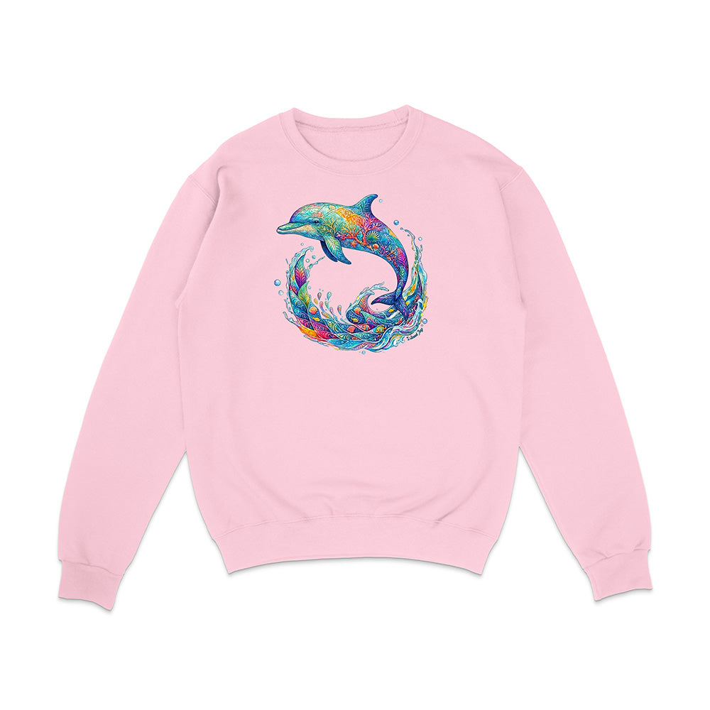 Pink sweatshirt with a colorful dolphin design on a white background