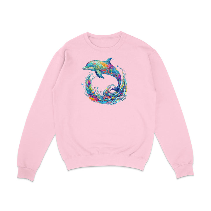 Pink sweatshirt with a colorful dolphin design on a white background