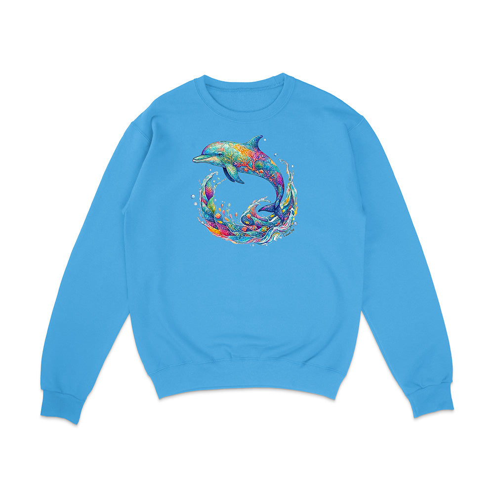 Blue sweatshirt with a colorful dolphin design on a white background