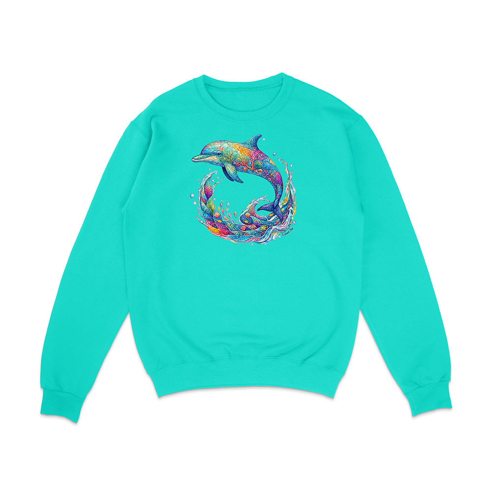 Turquoise sweatshirt with a colorful dolphin design on a white background