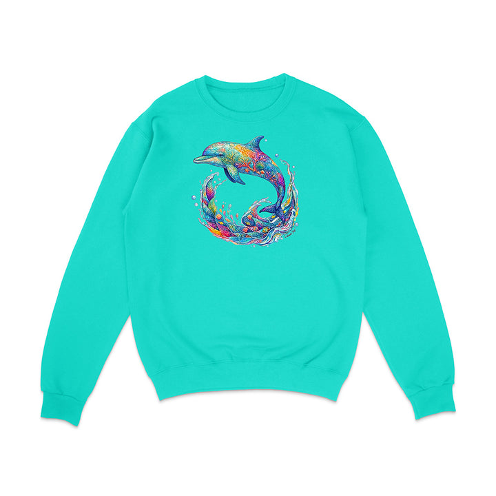Turquoise sweatshirt with a colorful dolphin design on a white background