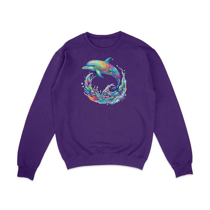 Purple sweatshirt with a colorful dolphin design on a white background