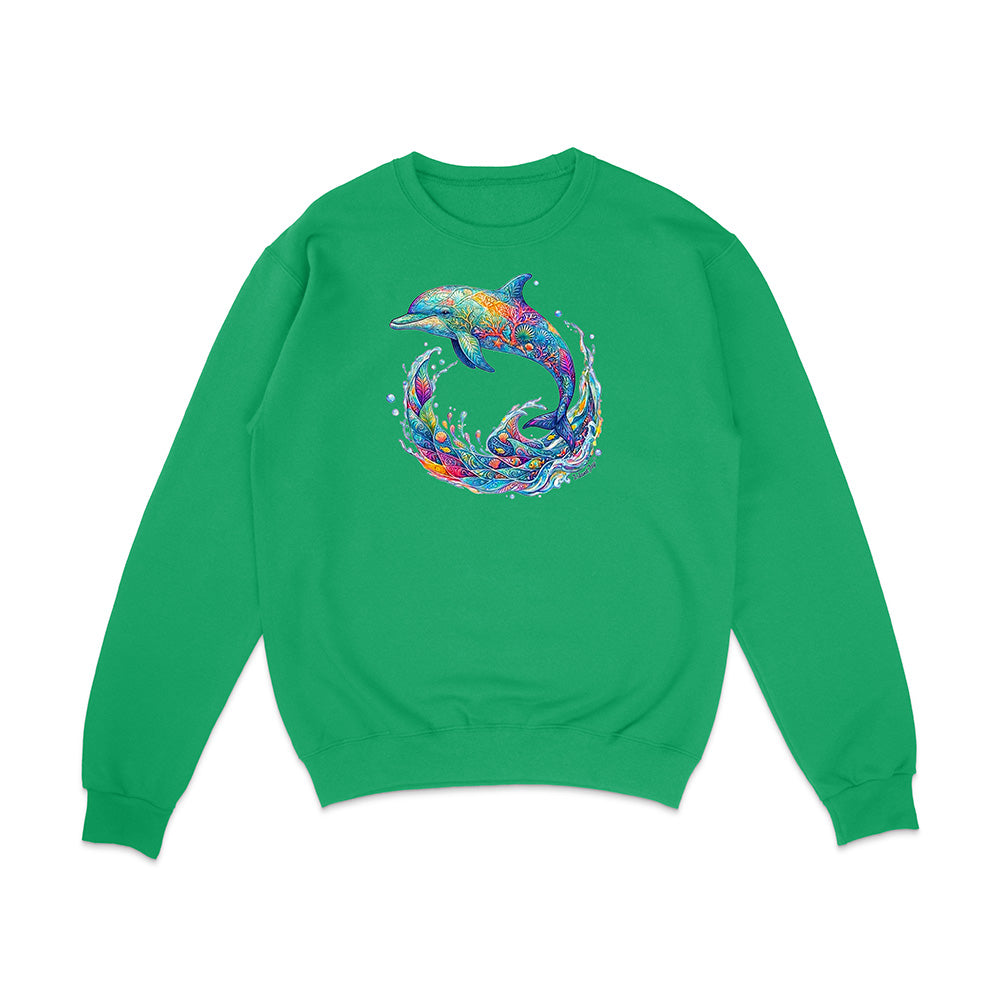 Green sweatshirt with a colorful dolphin design on a white background