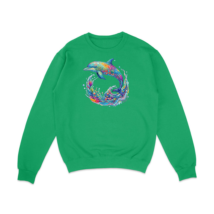 Green sweatshirt with a colorful dolphin design on a white background