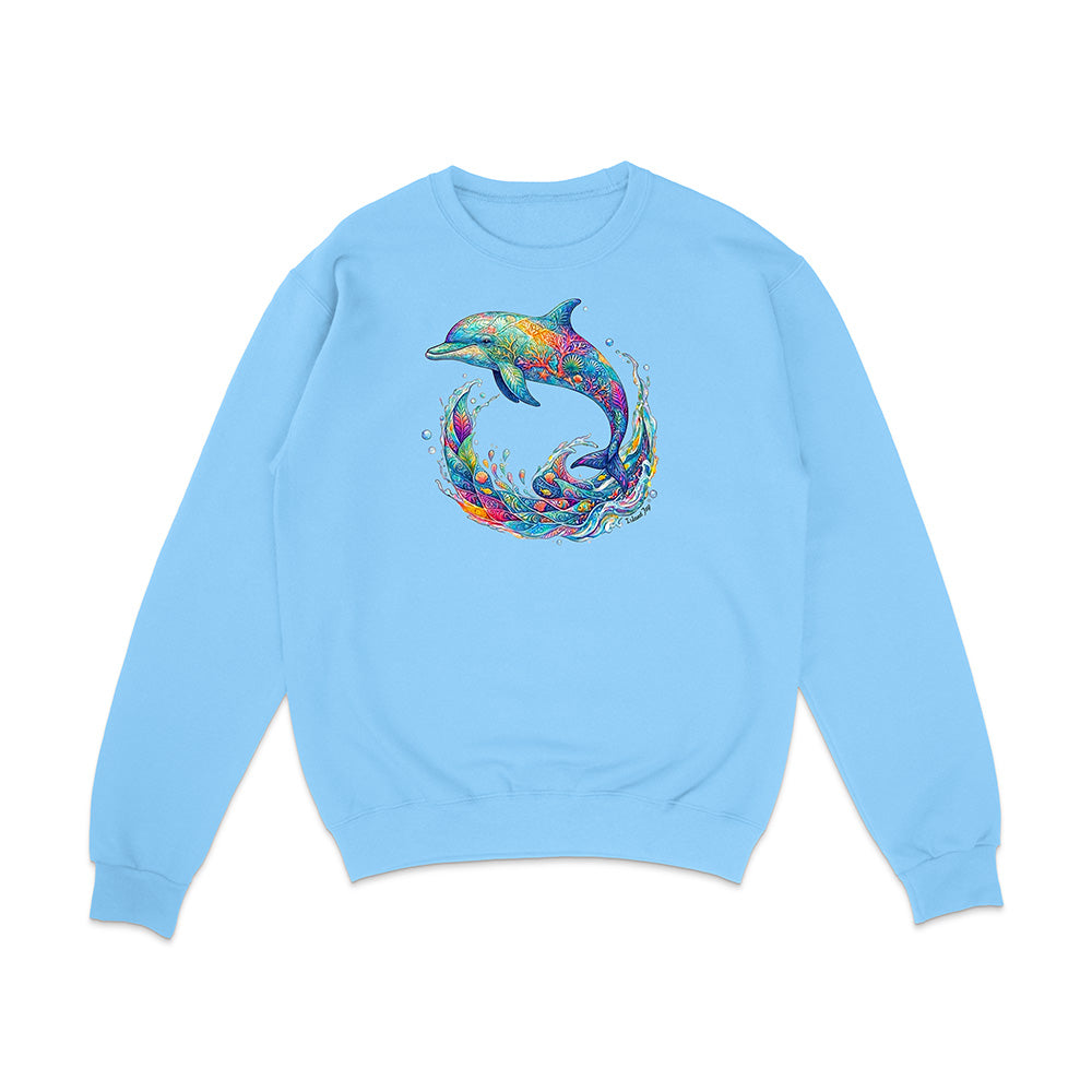 Light blue sweatshirt with a colorful dolphin design on a white background