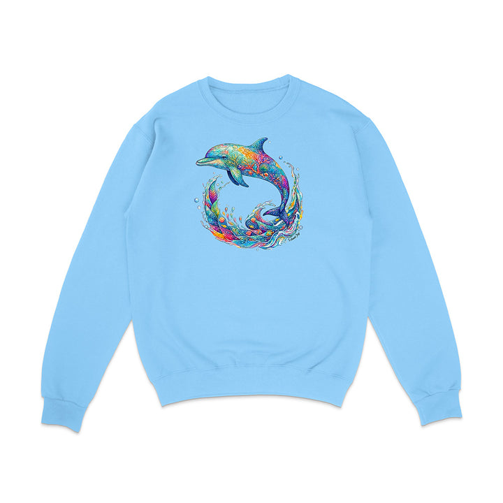 Light blue sweatshirt with a colorful dolphin design on a white background