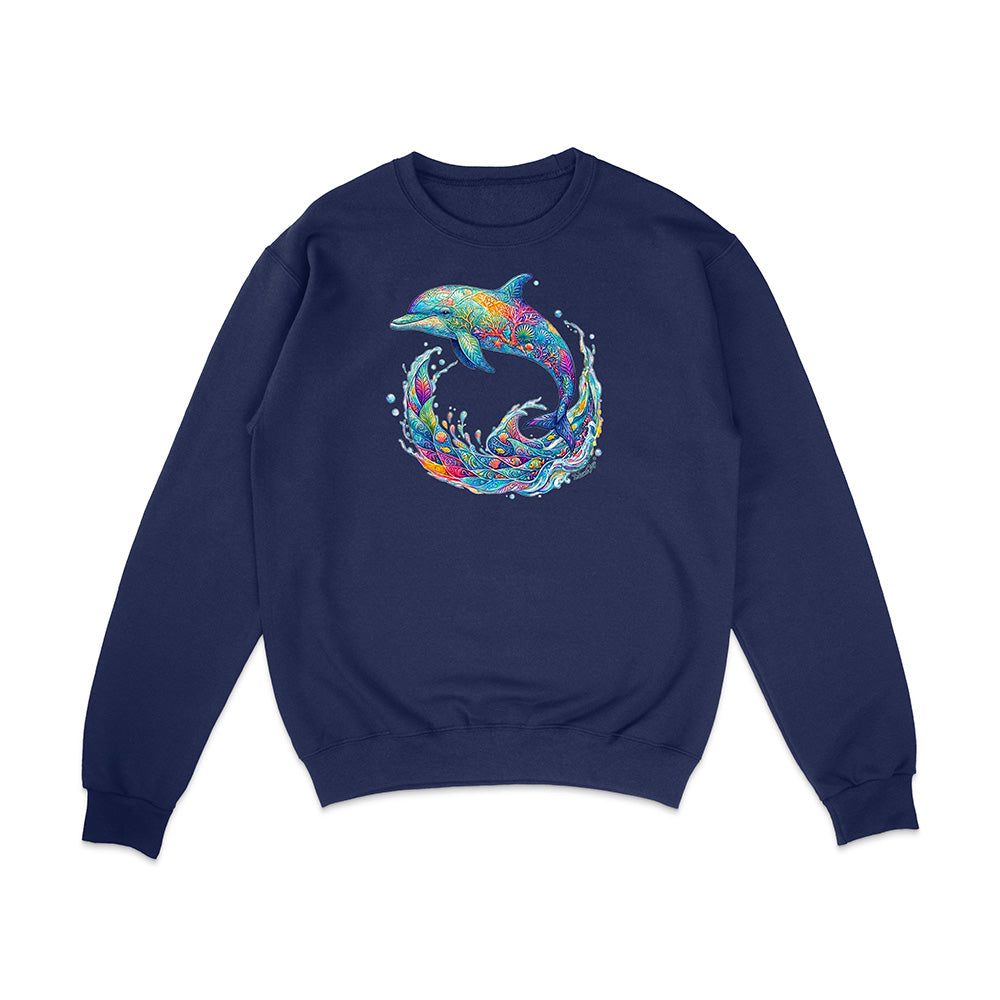 Navy blue sweatshirt with a colorful dolphin design on a white background