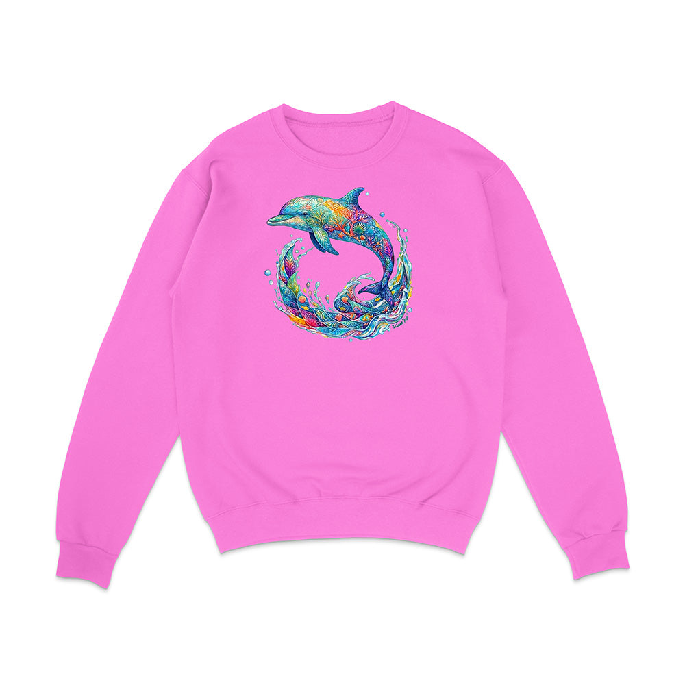Pink sweatshirt with a colorful dolphin design on a white background