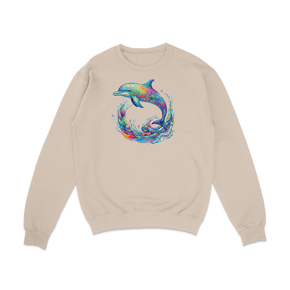 Beige sweatshirt with a colorful dolphin design on a white background