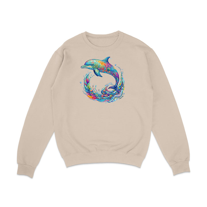 Beige sweatshirt with a colorful dolphin design on a white background