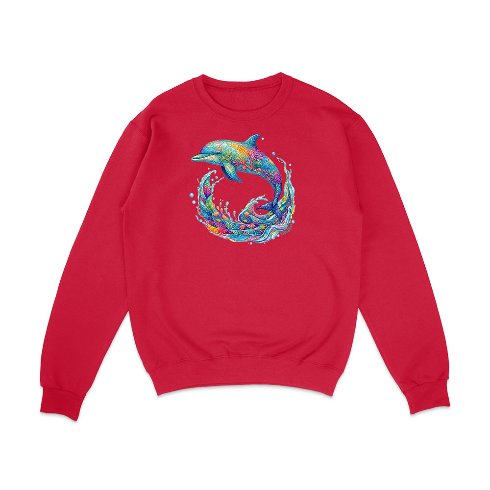 Red sweatshirt with a colorful dolphin design on a white background
