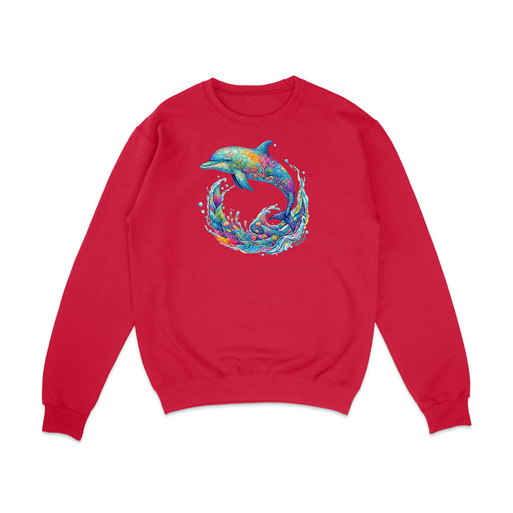 Red sweatshirt with a colorful dolphin design on a white background