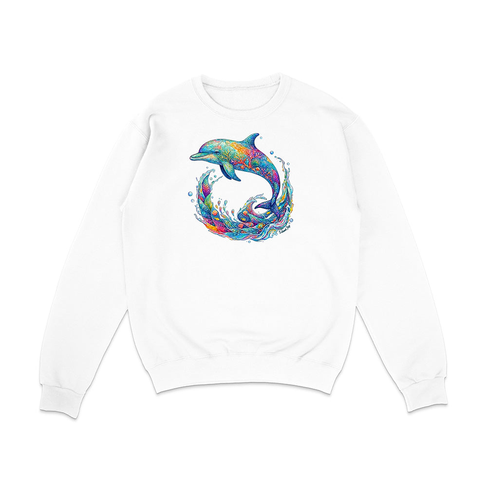 White sweatshirt with a colorful dolphin design on a white background