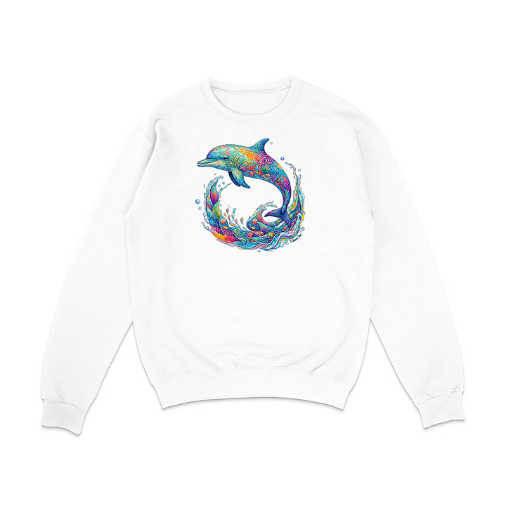 White sweatshirt with a colorful dolphin design on a white background