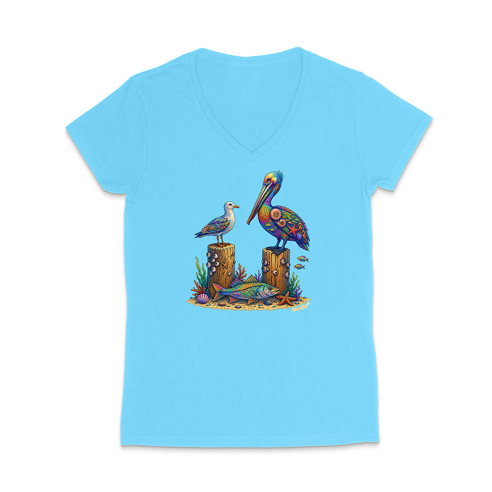 Light blue t-shirt with a colorful pelican design on a white background