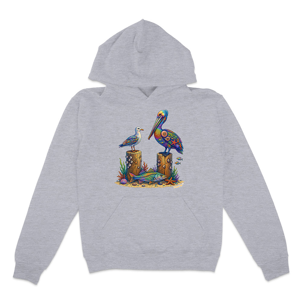 Grey hoodie with a colorful pelican design on a white background