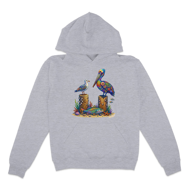 Grey hoodie with a colorful pelican design on a white background